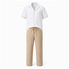 Elmere white shirt and tan linen-blend resort set, front studio view