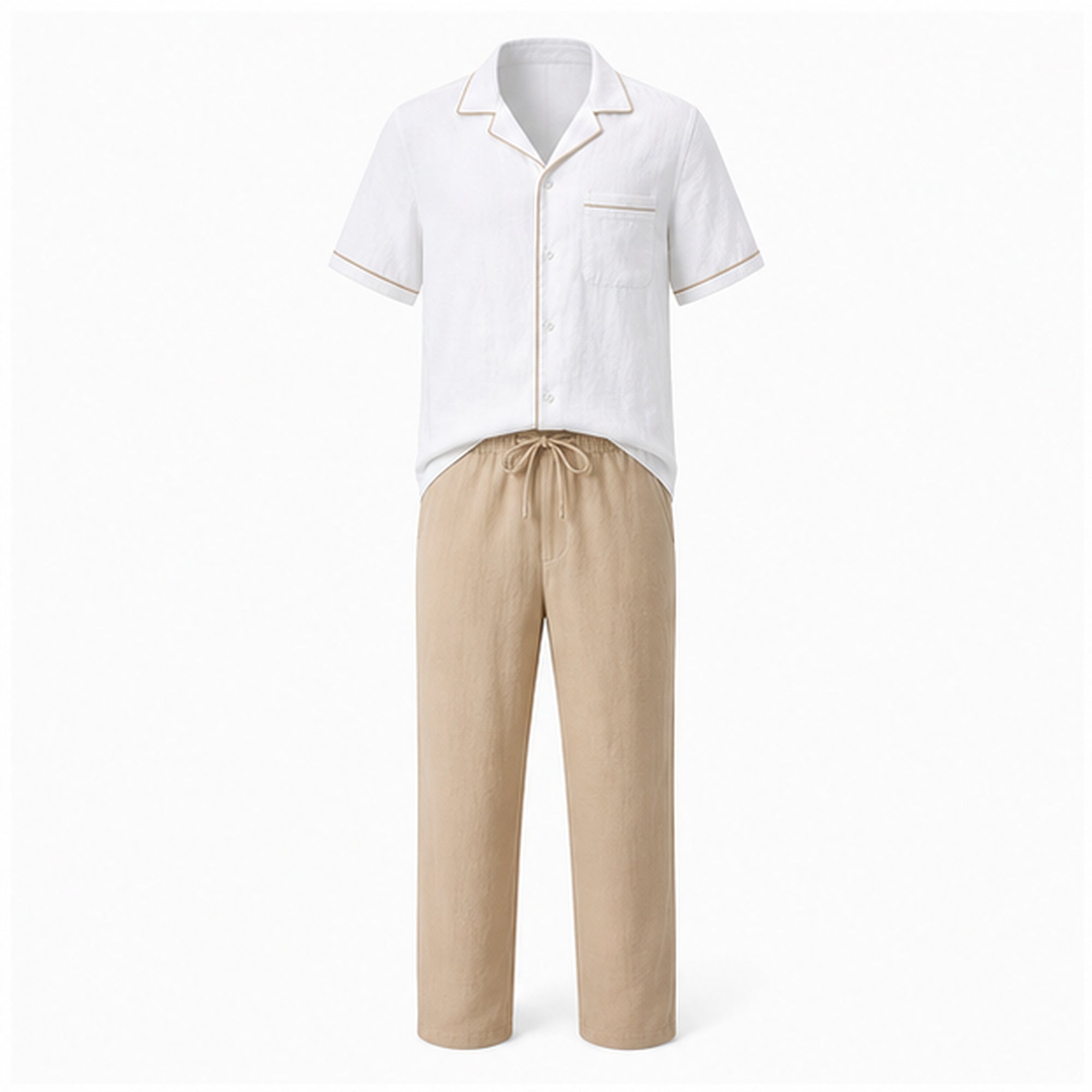 Elmere white shirt and tan linen-blend resort set, front studio view