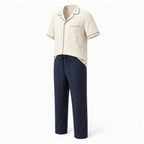 Elmere cream shirt and navy linen-blend resort set, angled studio view