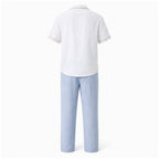 Elmere white shirt and light blue linen-blend resort set, rear studio view