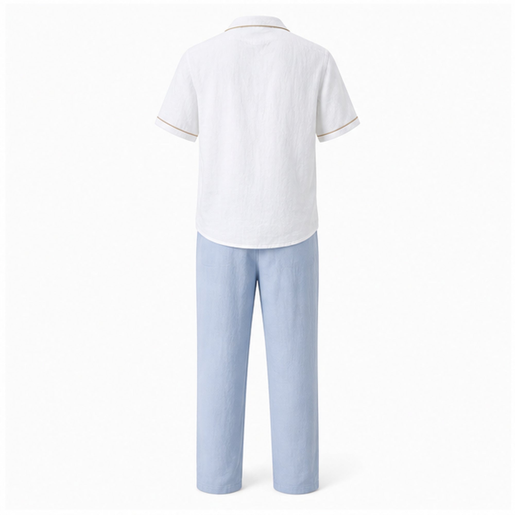 Elmere white shirt and light blue linen-blend resort set, rear studio view