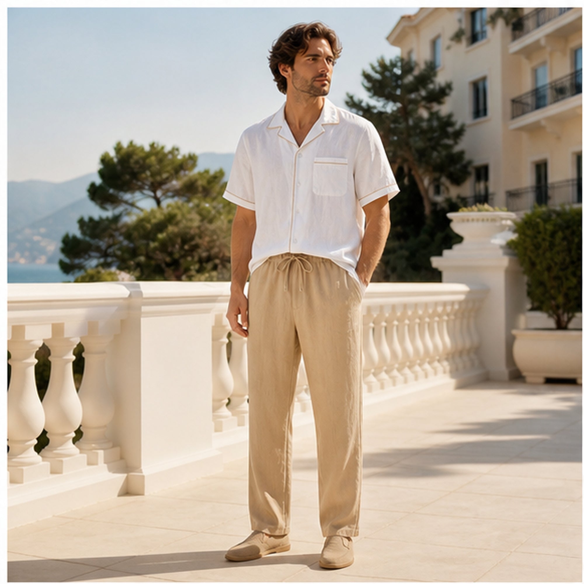 Elmere white and tan resort set styled on a Mediterranean terrace