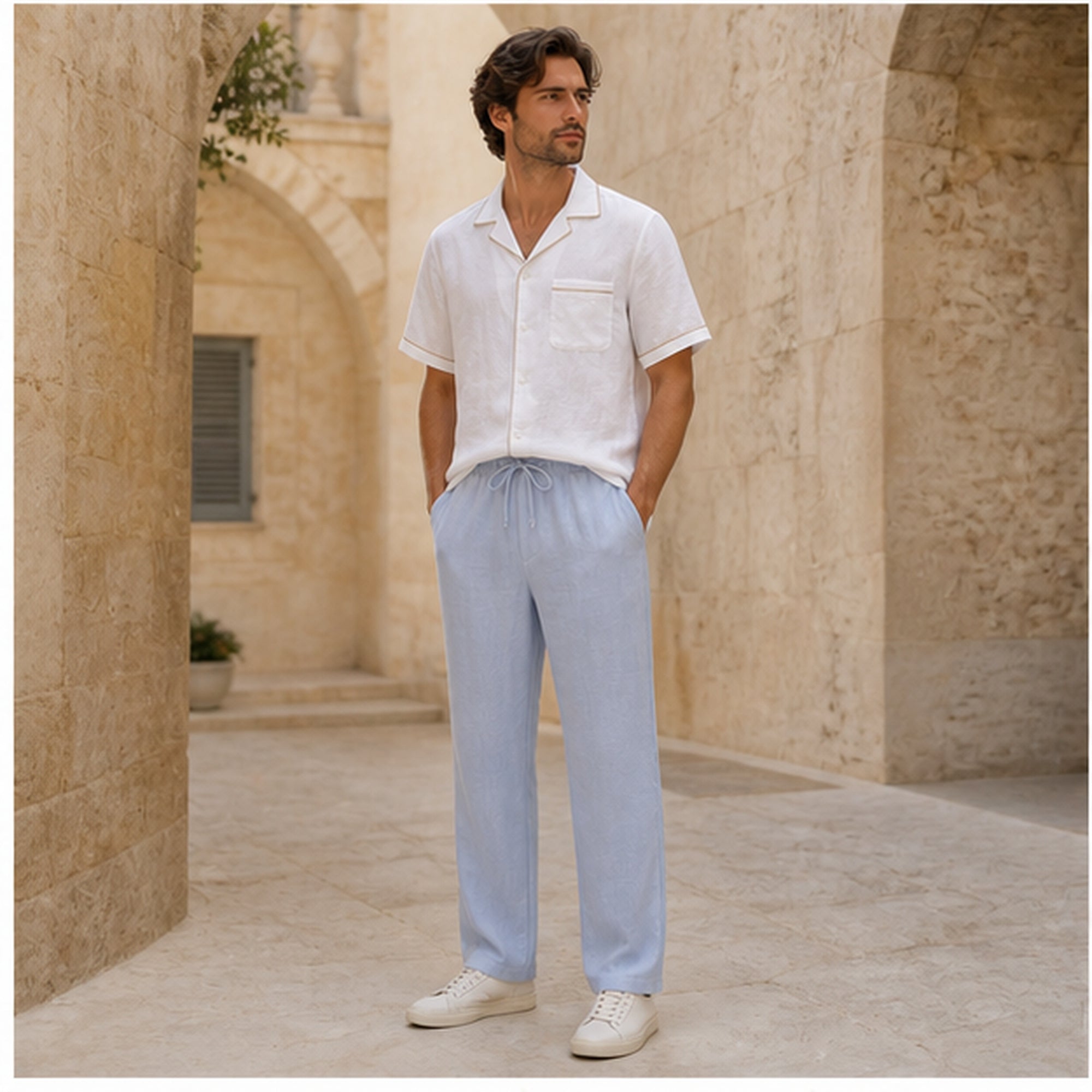Elmere white and light blue resort set styled in a limestone courtyard