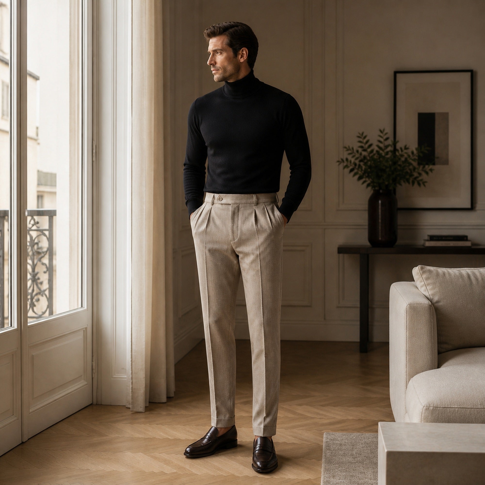 Elvaro men's herringbone pleated trousers – black knit interior styling