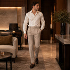 Elvaro men's herringbone pleated trousers – ivory shirt hotel styling