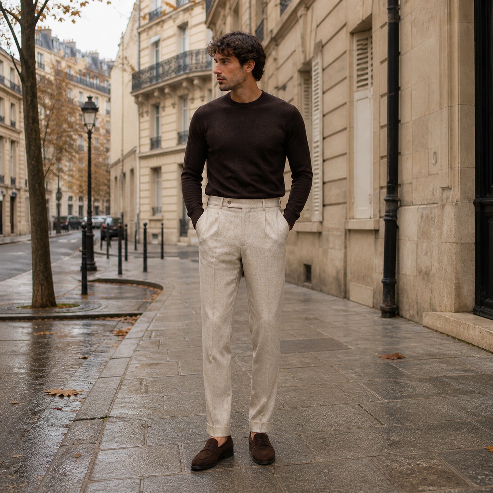 Elvaro men's herringbone pleated trousers – brown knit city styling