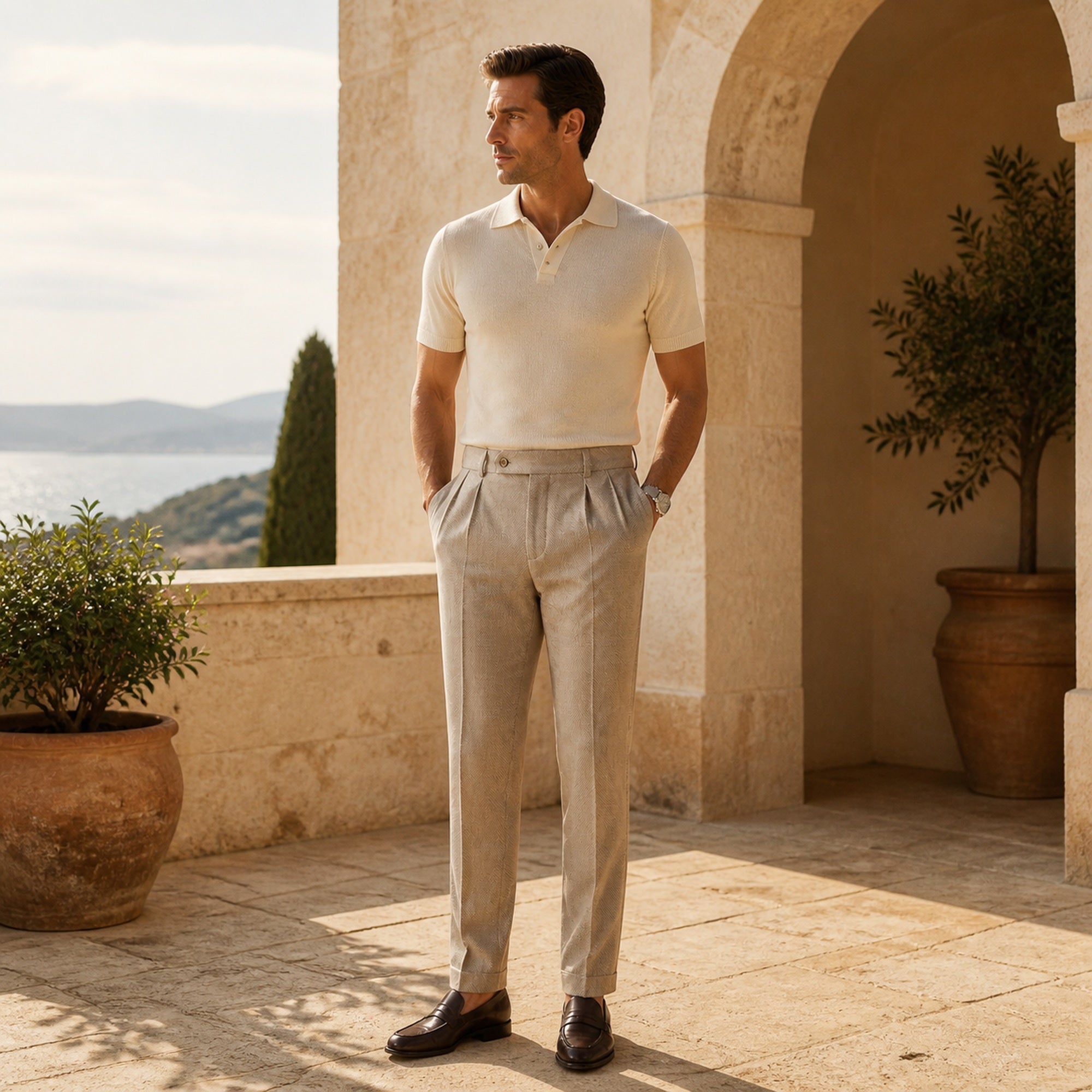 Elvaro men's herringbone pleated trousers – cream polo terrace styling