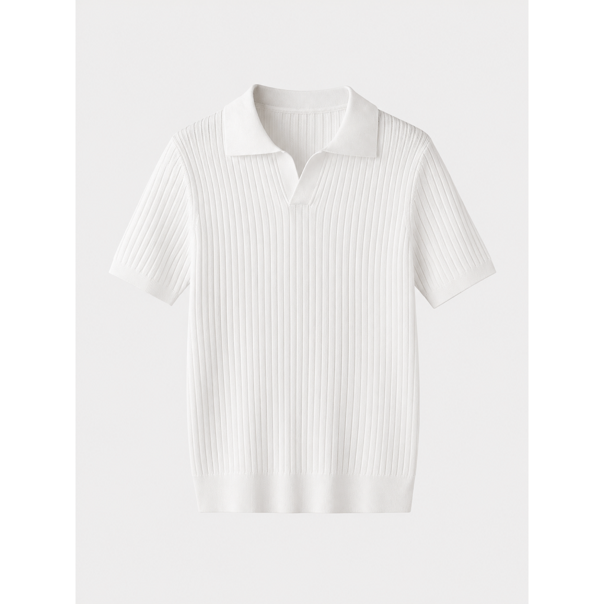 Elvello men's white rib-knit open-collar polo, front studio view