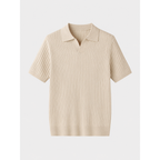 Elvello men's beige rib-knit open-collar polo, front studio view