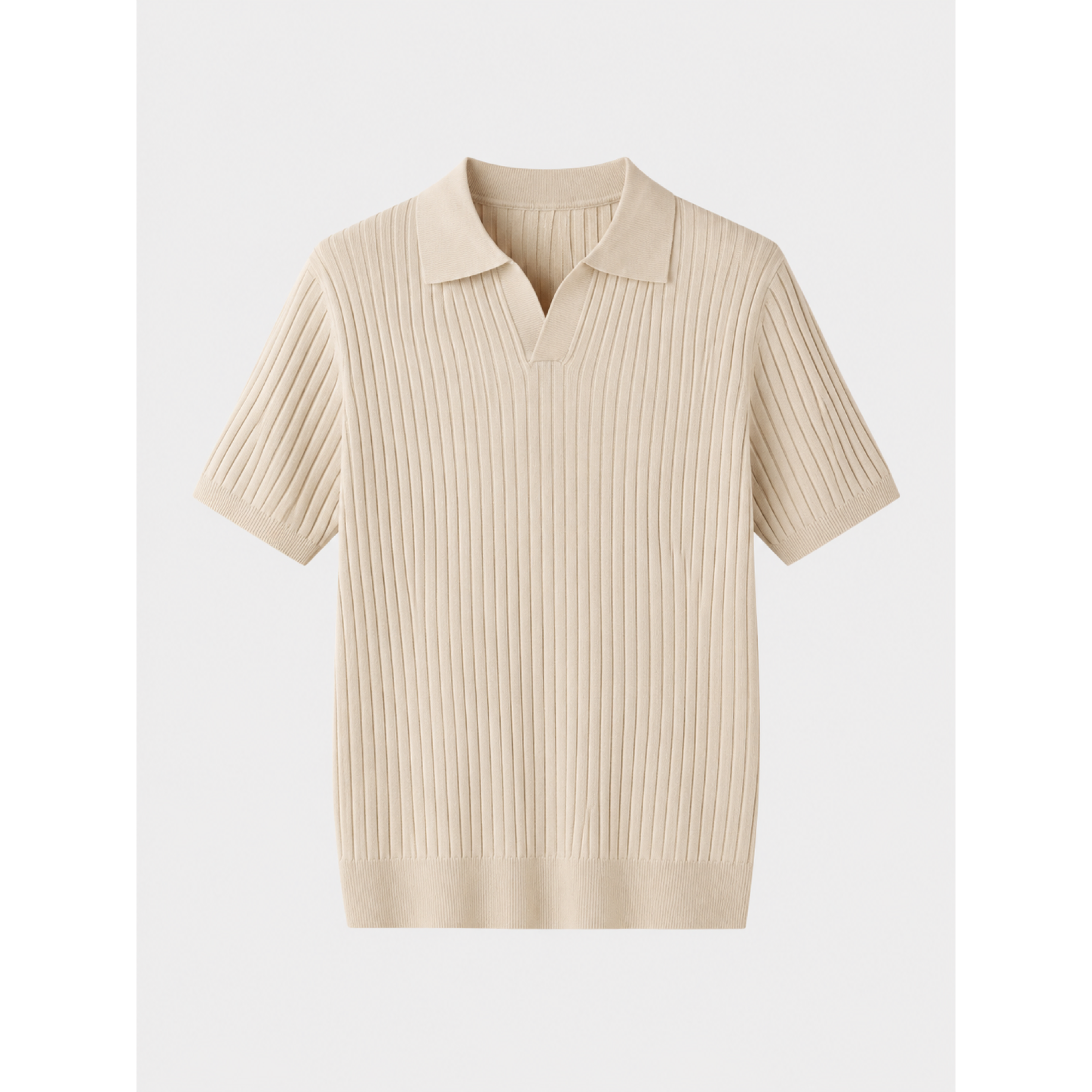 Elvello men's beige rib-knit open-collar polo, front studio view