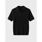 Elvello men's black rib-knit open-collar polo, front studio view