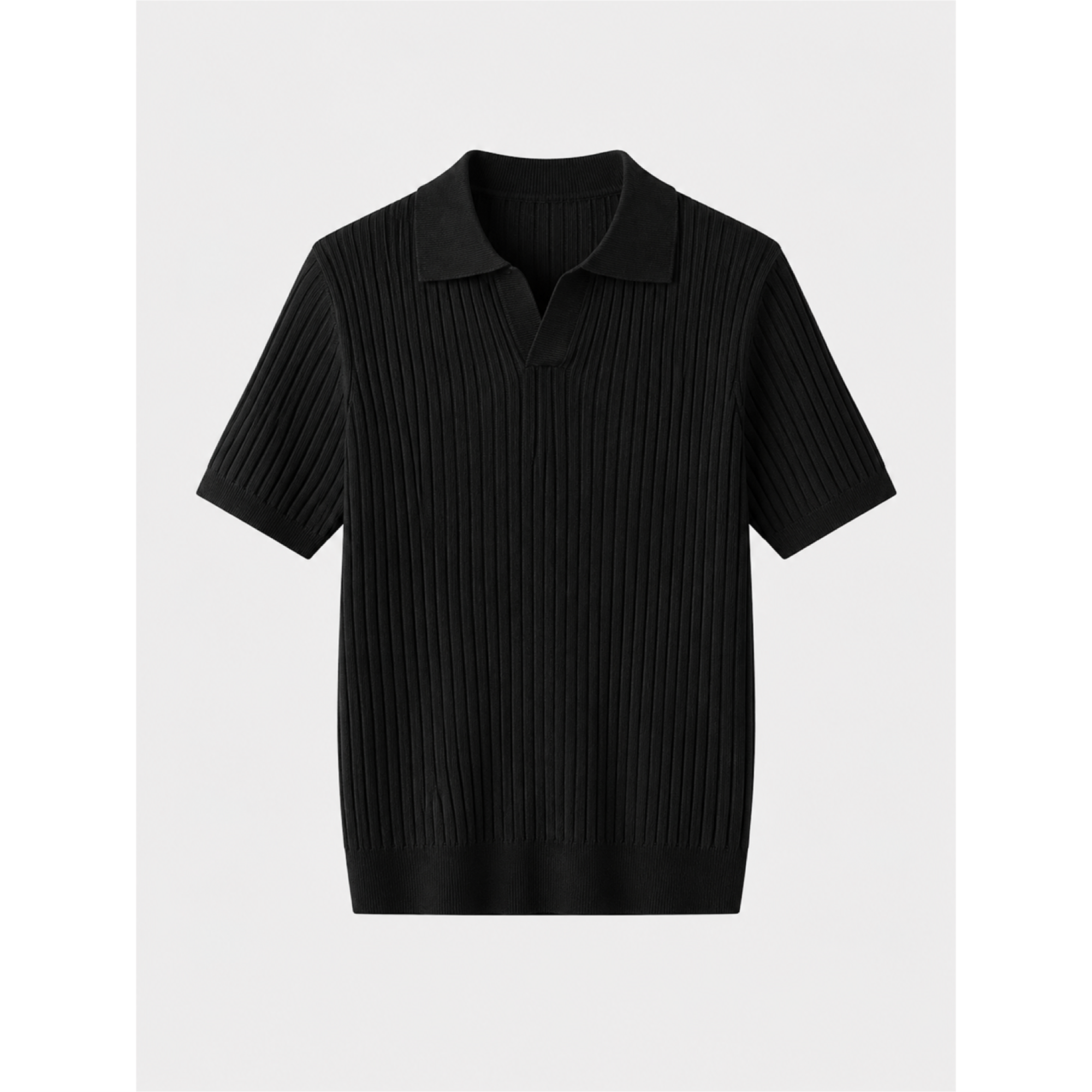 Elvello men's black rib-knit open-collar polo, front studio view