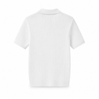 Elvello men's white rib-knit open-collar polo, back studio view