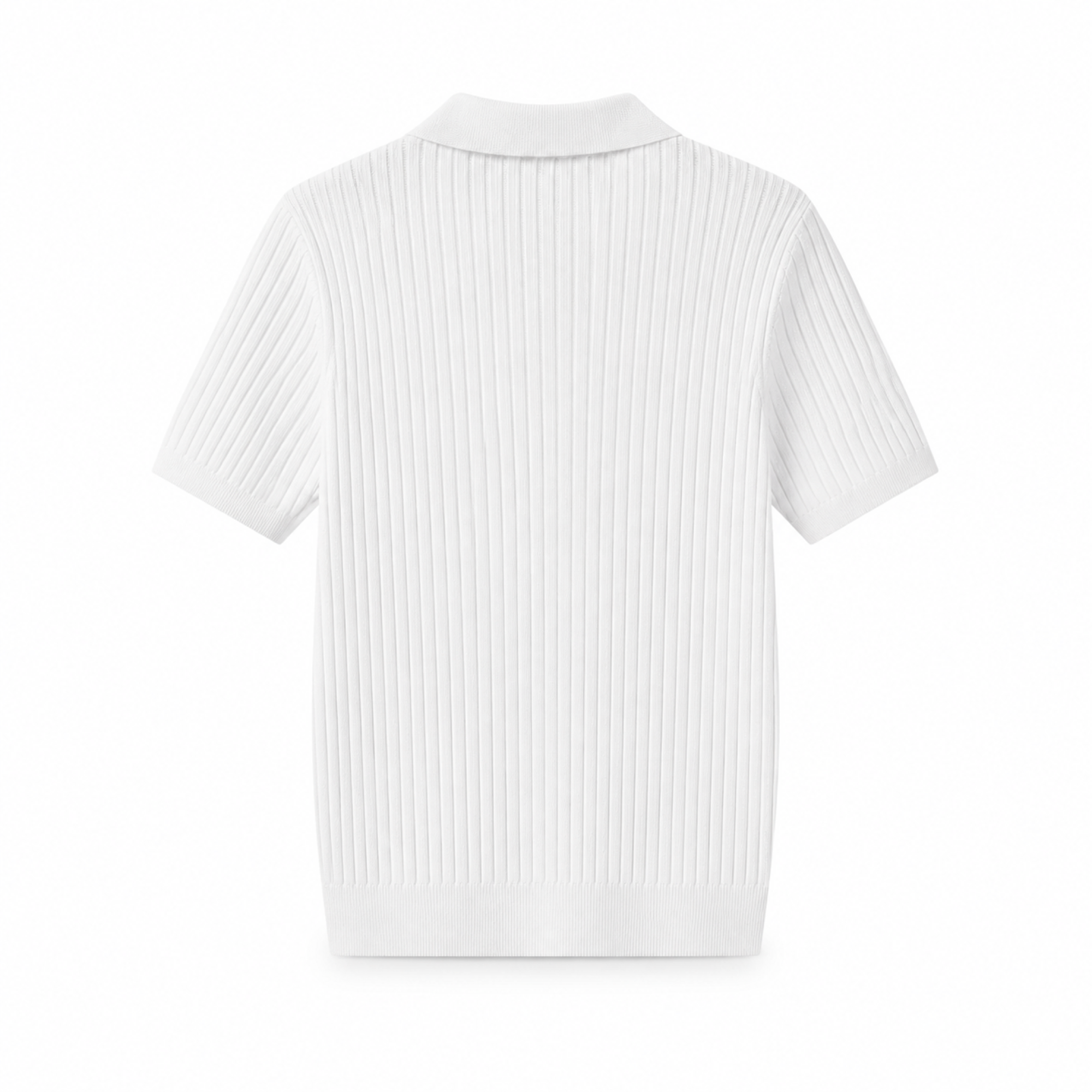 Elvello men's white rib-knit open-collar polo, back studio view