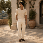 Man wearing beige Elvello rib-knit polo in a Mediterranean courtyard