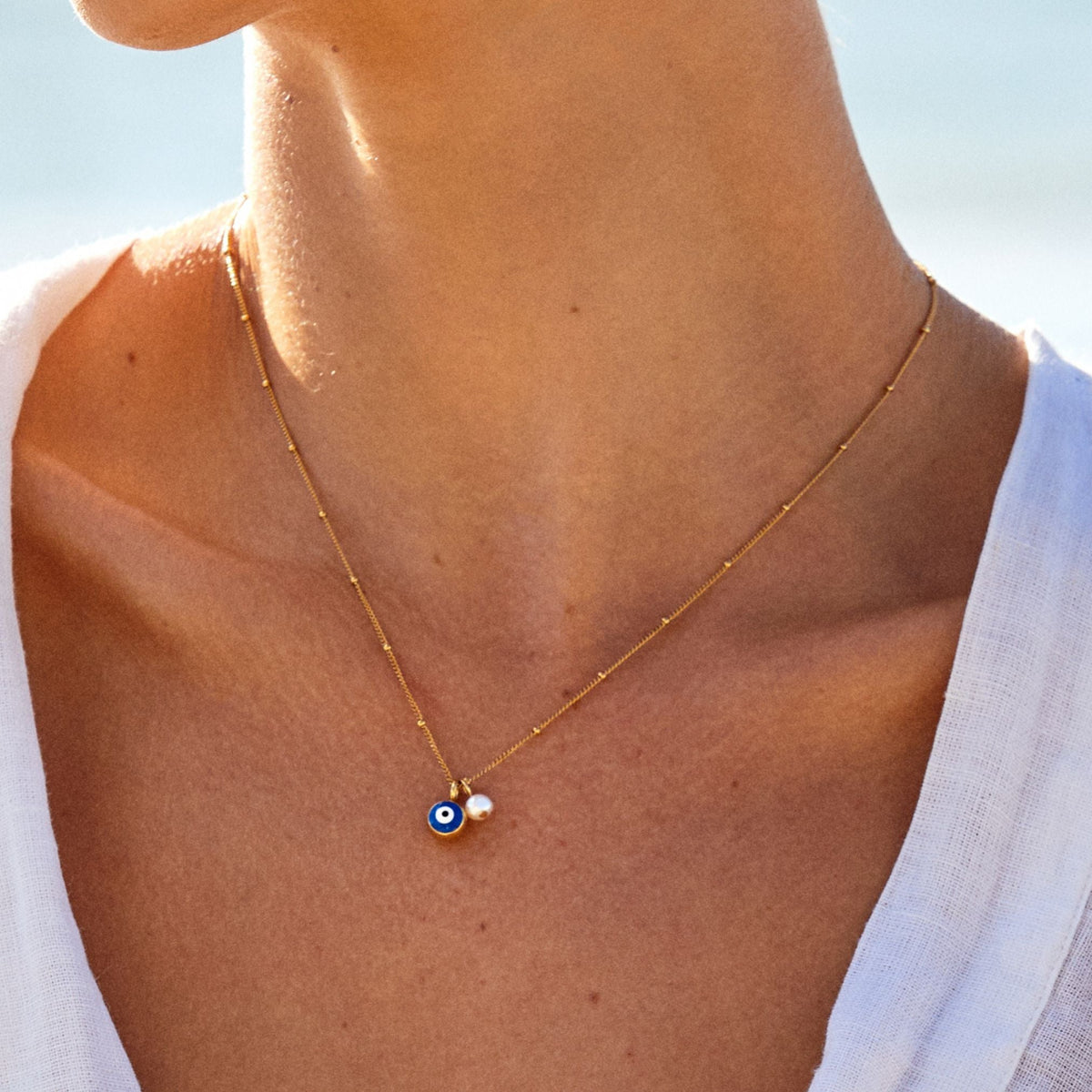 Blue Evil Eye and Pearl Necklace, 45 cm