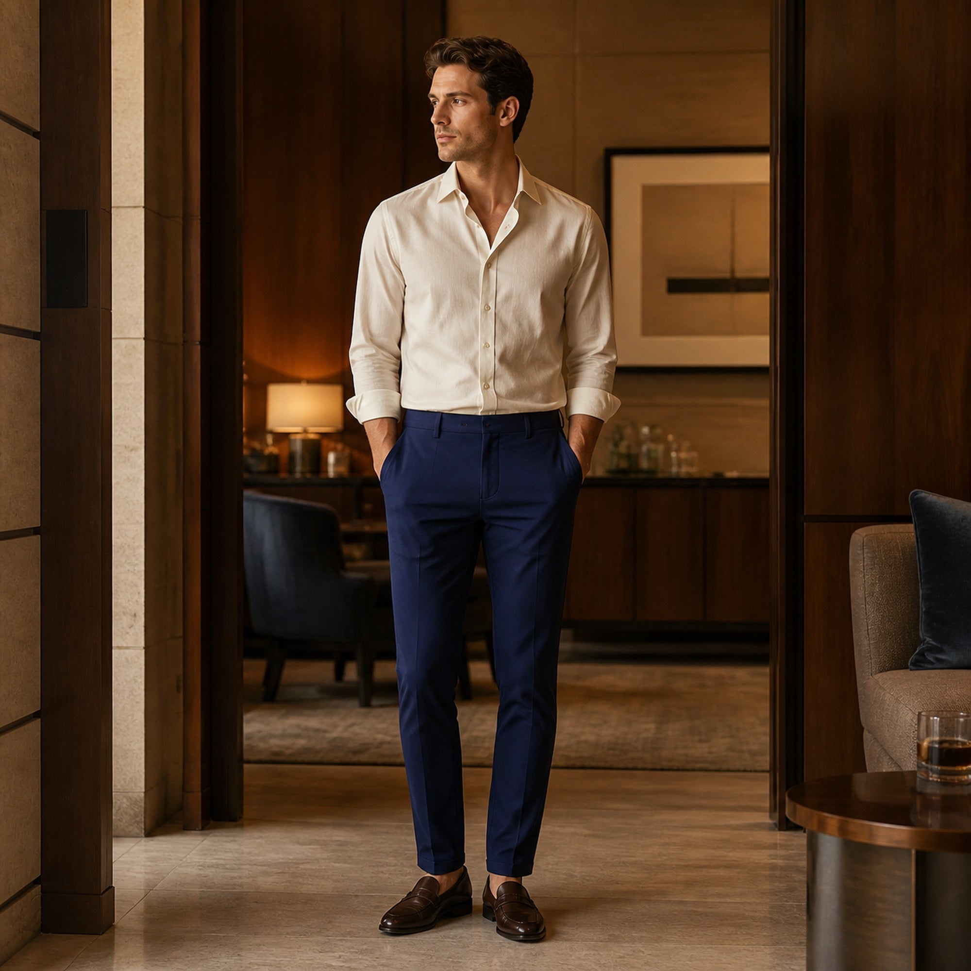 Fiormora men's slim-fit chino trousers – navy lounge styling