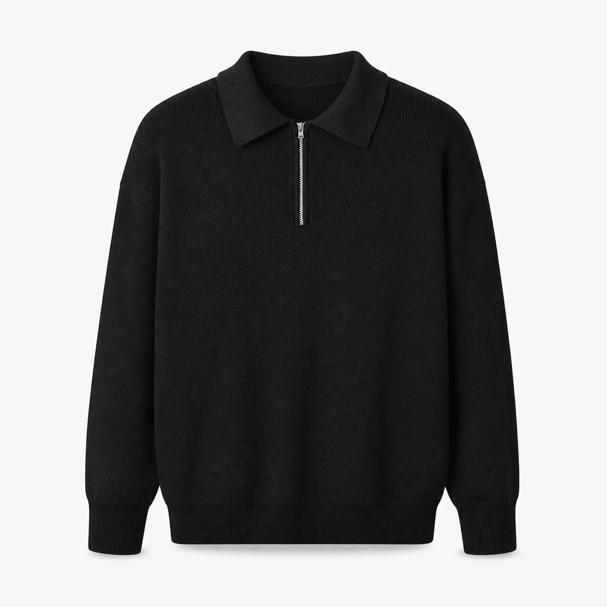 Fiorsaro black half-zip knit polo sweater, front studio view