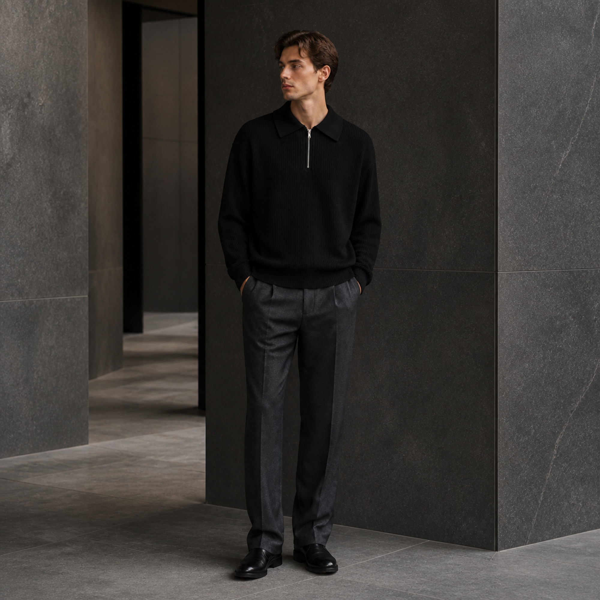 Man wearing black Fiorsaro knit polo in modern architecture