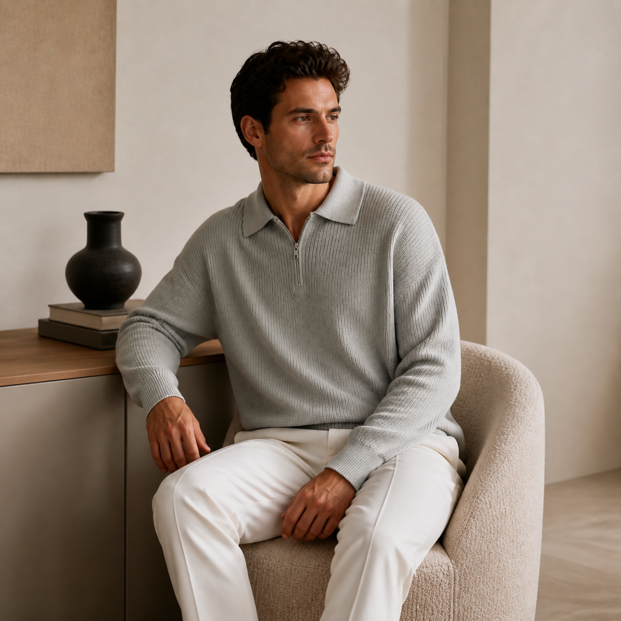Man wearing grey Fiorsaro knit polo in a refined interior