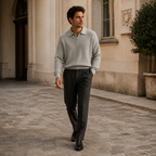 Man wearing grey Fiorsaro knit polo in a European courtyard