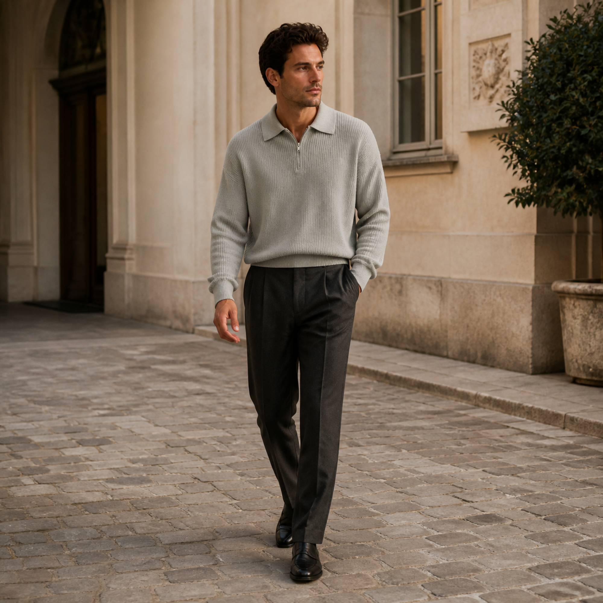 Man wearing grey Fiorsaro knit polo in a European courtyard
