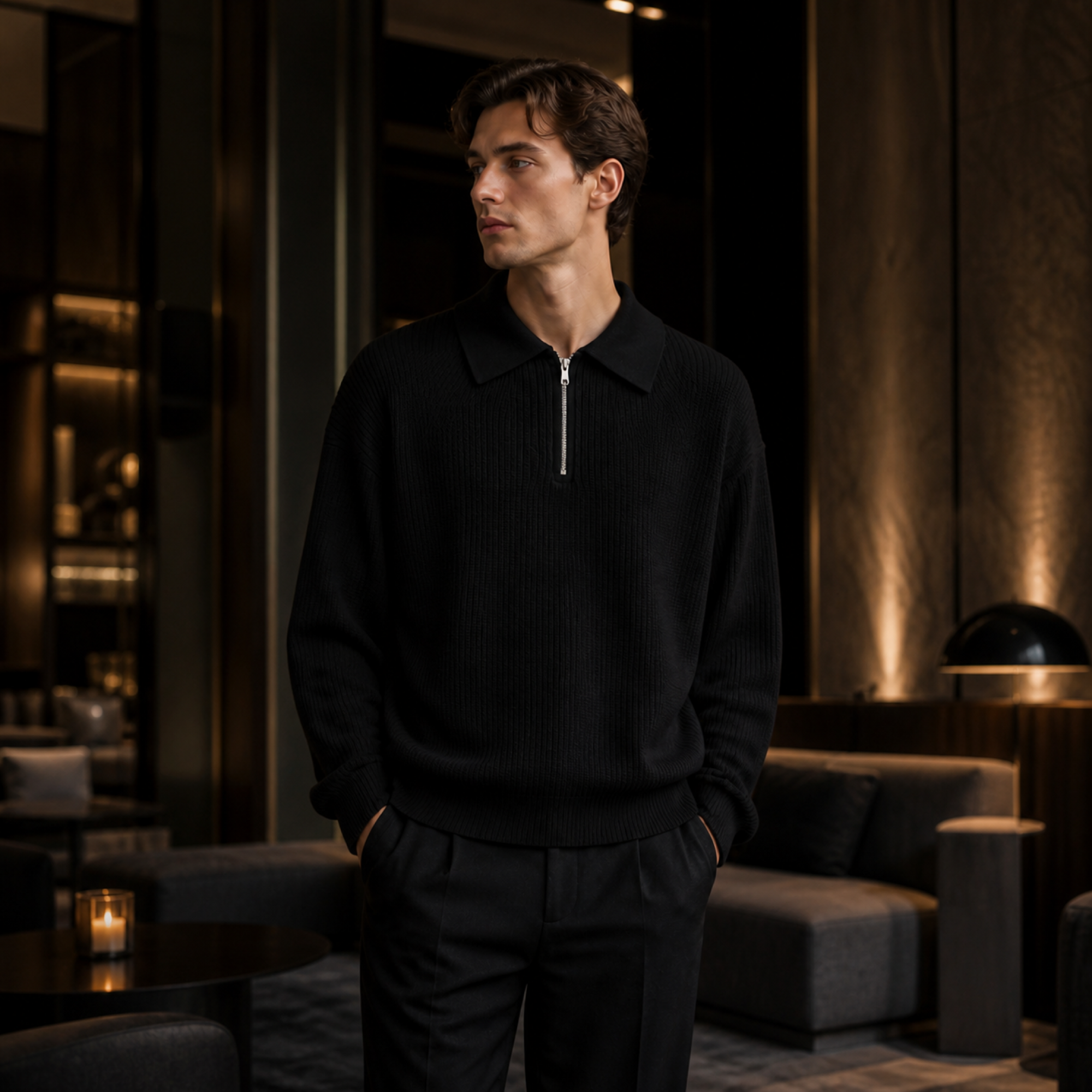Man wearing black Fiorsaro knit polo in an evening lounge