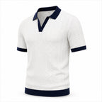 Fiorvello white and navy contrast-trim cotton knit polo, angled studio view