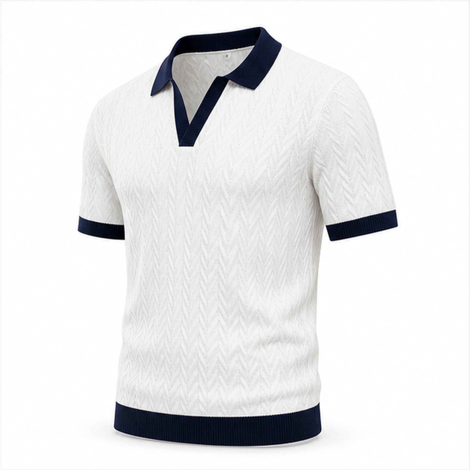 Fiorvello white and navy contrast-trim cotton knit polo, angled studio view