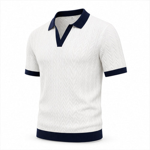 Fiorvello white and navy contrast-trim cotton knit polo, angled studio view