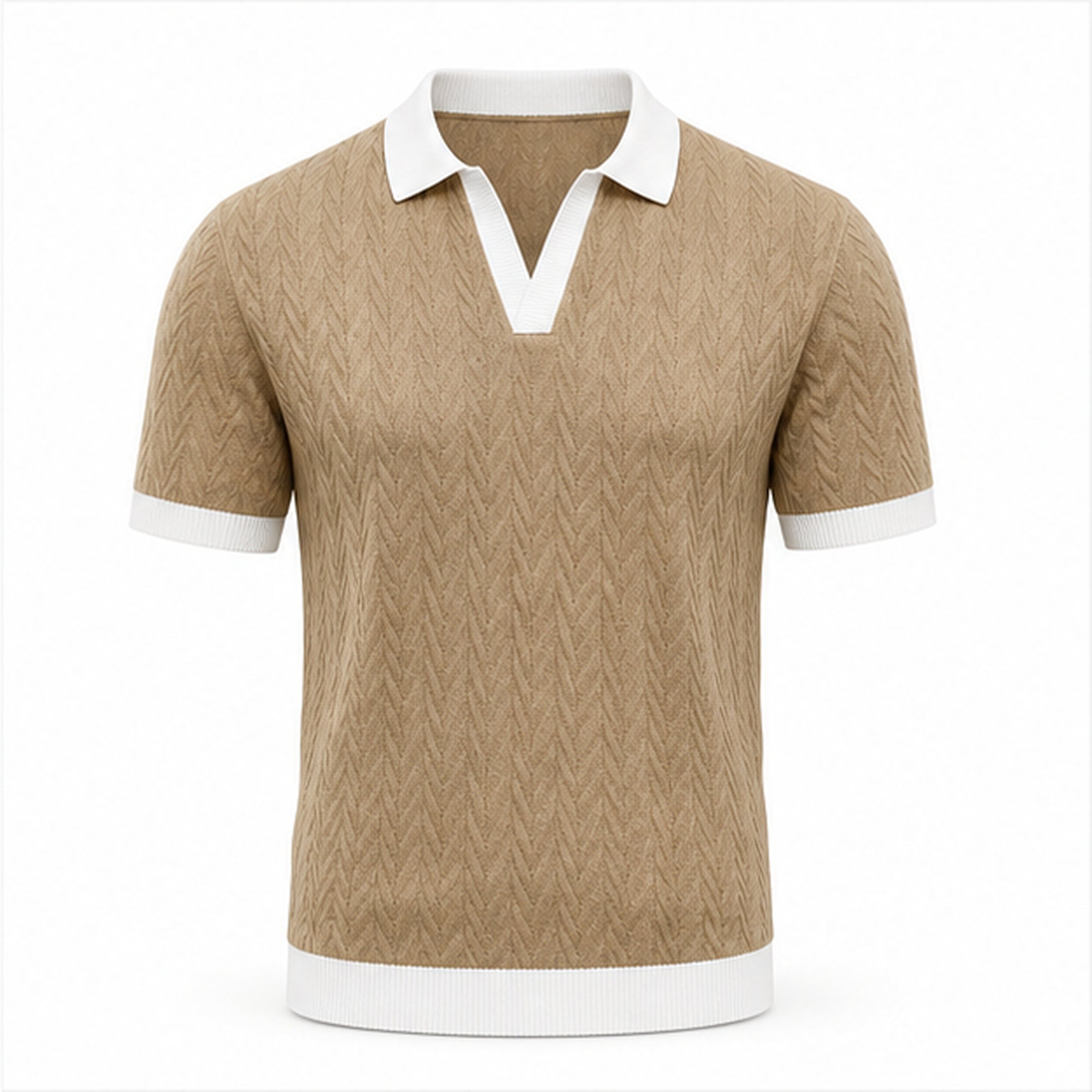 Fiorvello tan and white contrast-trim cotton knit polo, front studio view