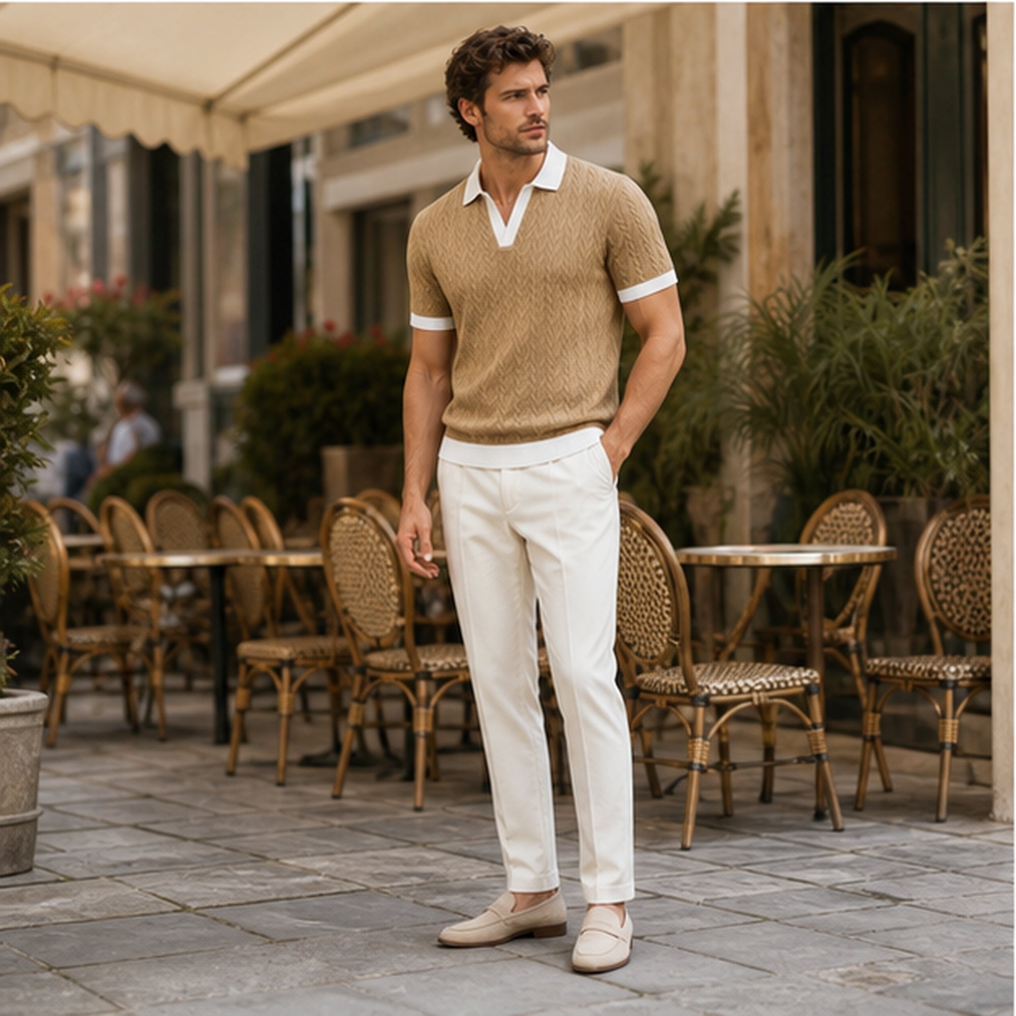 Fiorvello tan knit polo styled at a coastal cafe