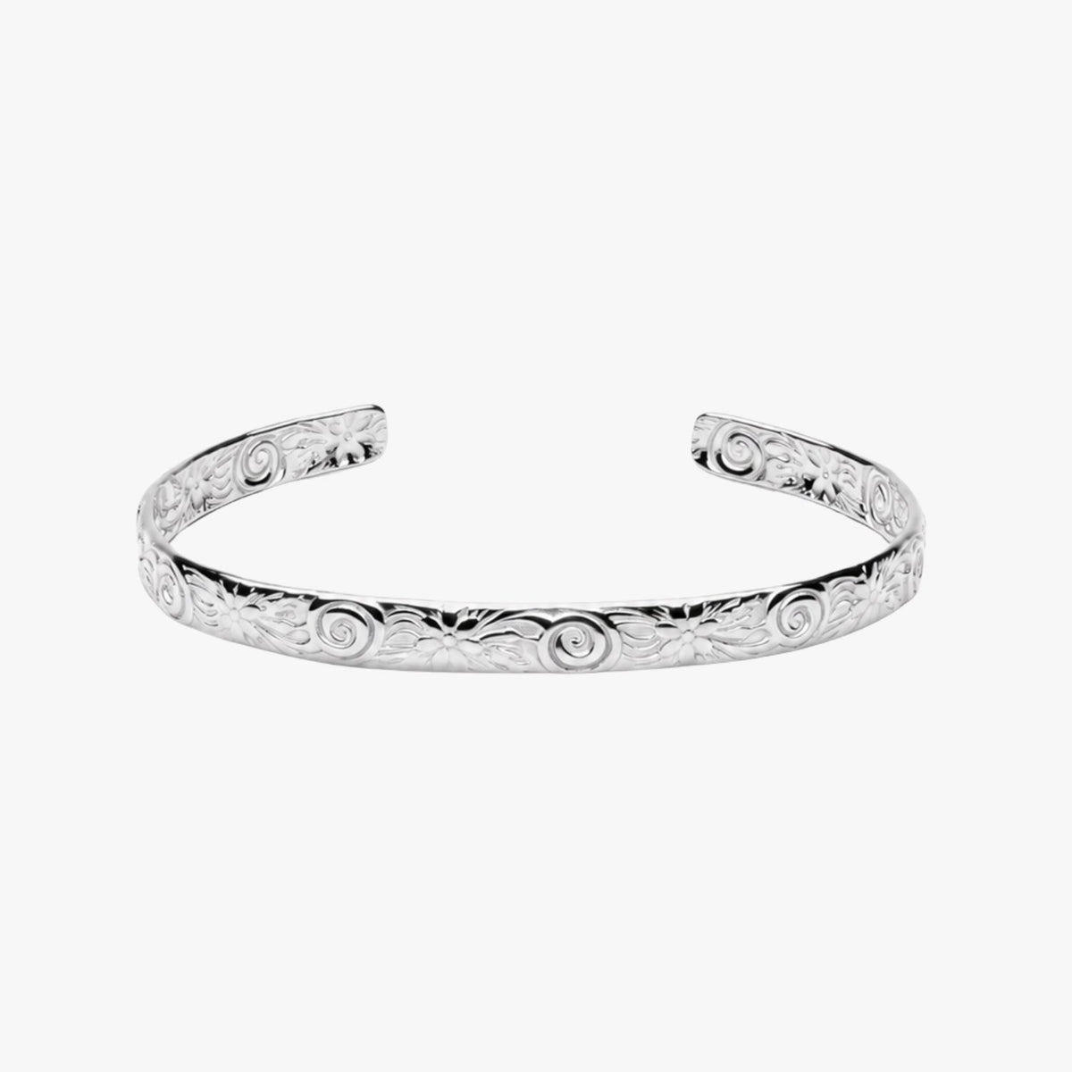 Bruce & Co Flora – Floral Engraved Open Cuff Bracelet, Steel