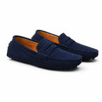 Averino men's navy suede-look penny driver loafers on white studio background