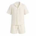 Belvento men's ivory textured shirt and shorts set front view on white
