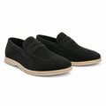 Cormont men's black suede-look penny loafers with light sole on white