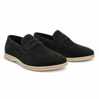 Cormont men's black suede-look penny loafers with light sole on white
