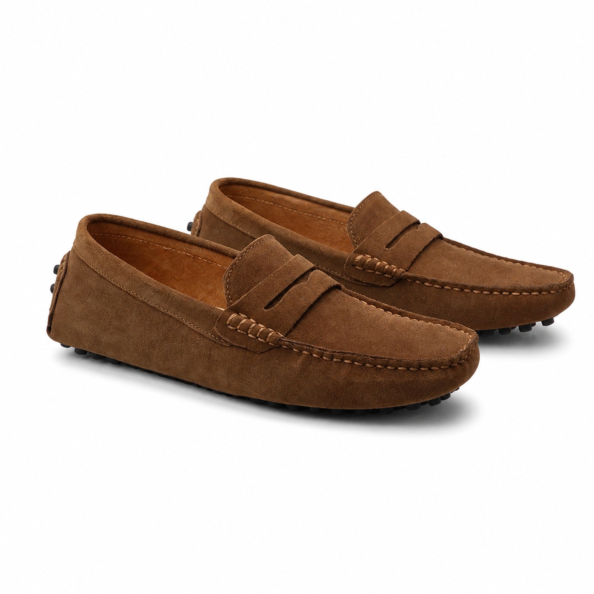 Averino men's brown suede-look penny driver loafers on white studio background