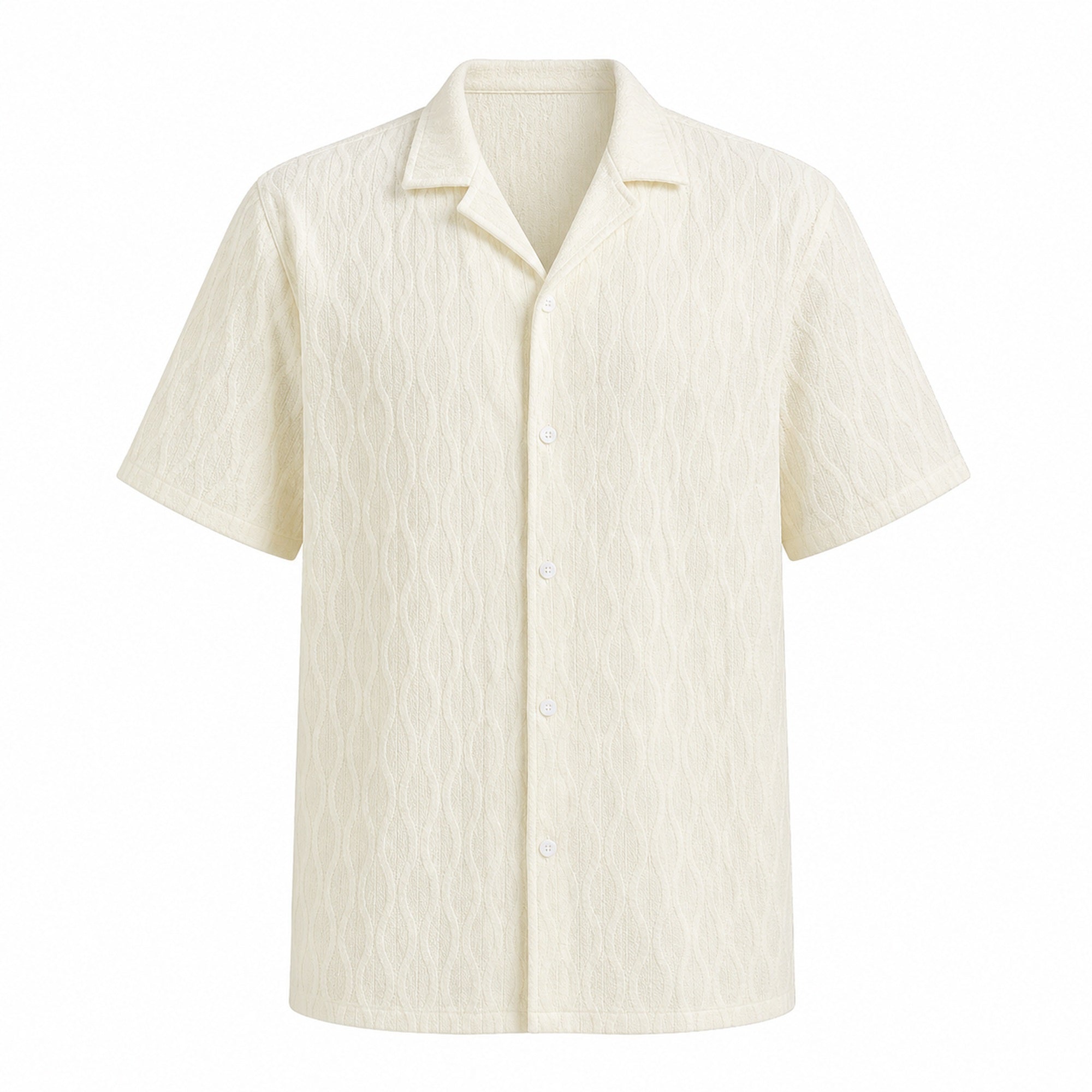 Belvento men's ivory textured short-sleeve camp-collar shirt on white