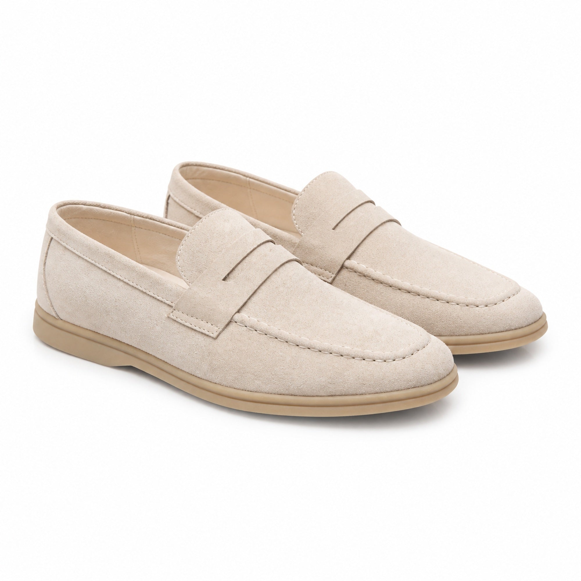 Cormont men's beige suede-look penny loafers with light sole on white