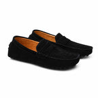 Averino men's black suede-look penny driver loafers on white studio background