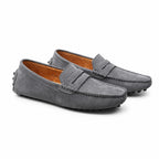 Averino men's grey suede-look penny driver loafers on white studio background