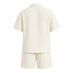 Belvento men's ivory textured shirt and shorts set rear view on white
