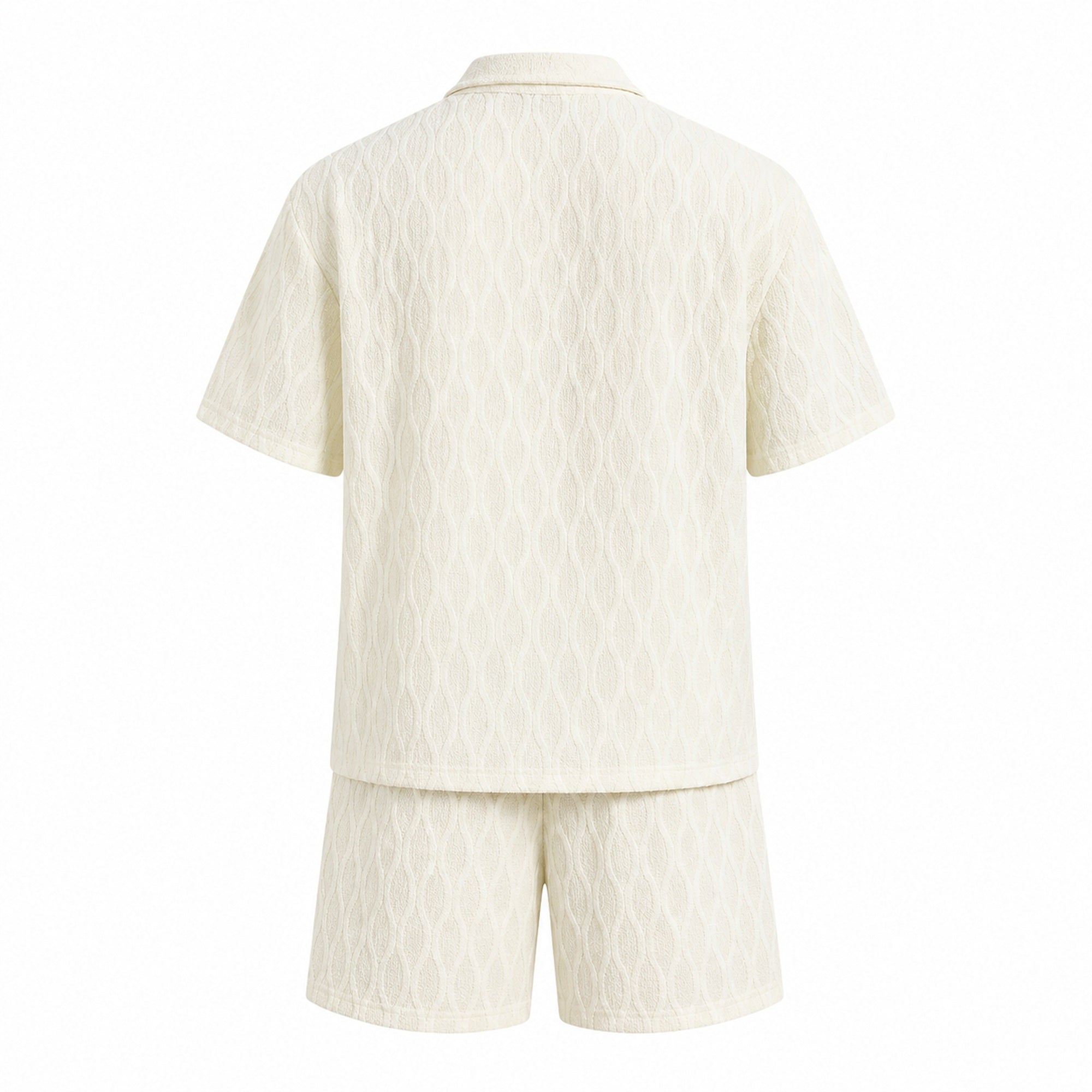 Belvento men's ivory textured shirt and shorts set rear view on white