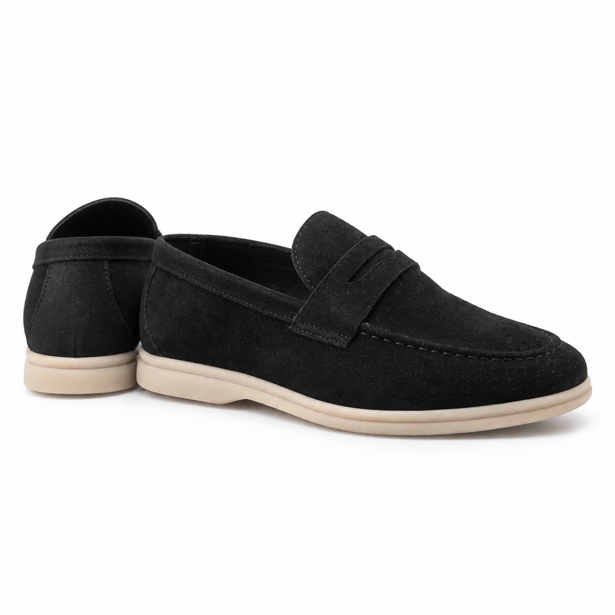 Cormont black penny loafers rear and side construction on white
