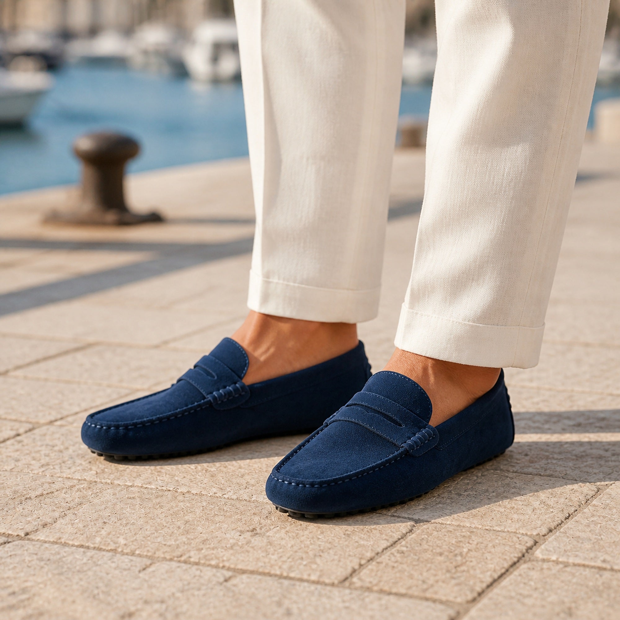 Man wearing Averino navy penny driver loafers at a marina