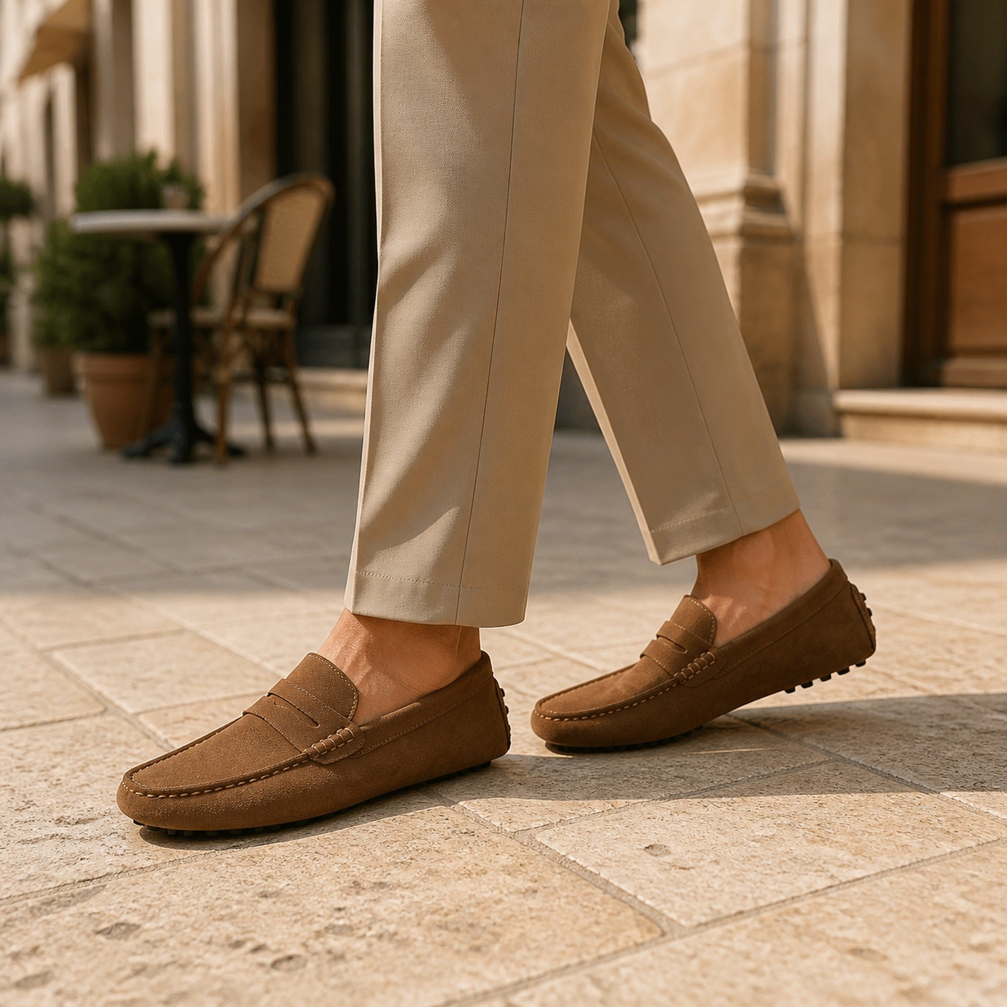 Man wearing Averino brown penny driver loafers in a European city
