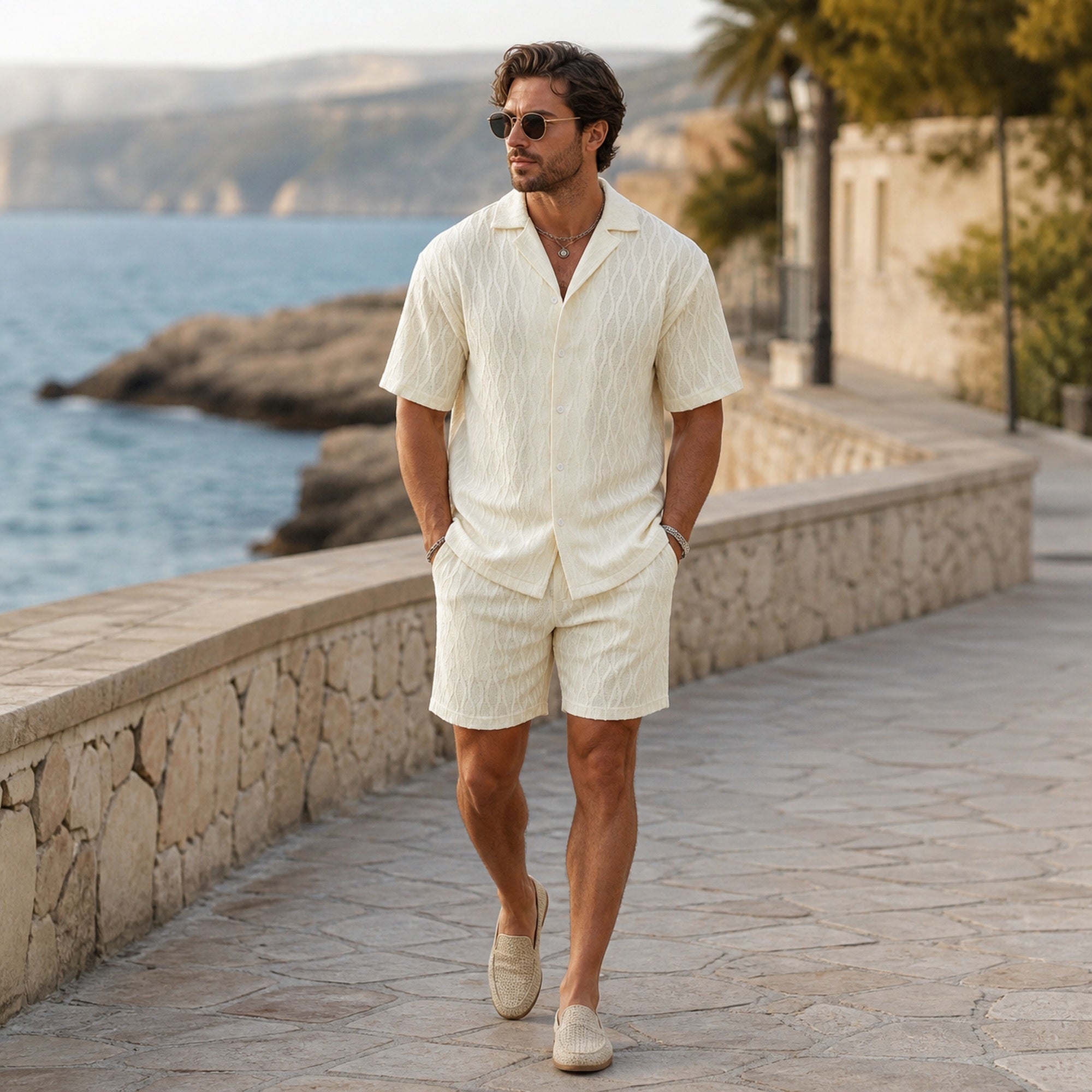 Man wearing the Belvento ivory textured set on a coastal promenade