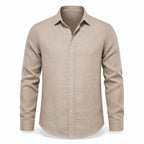 Galdane relaxed linen shirt in brown, front studio view