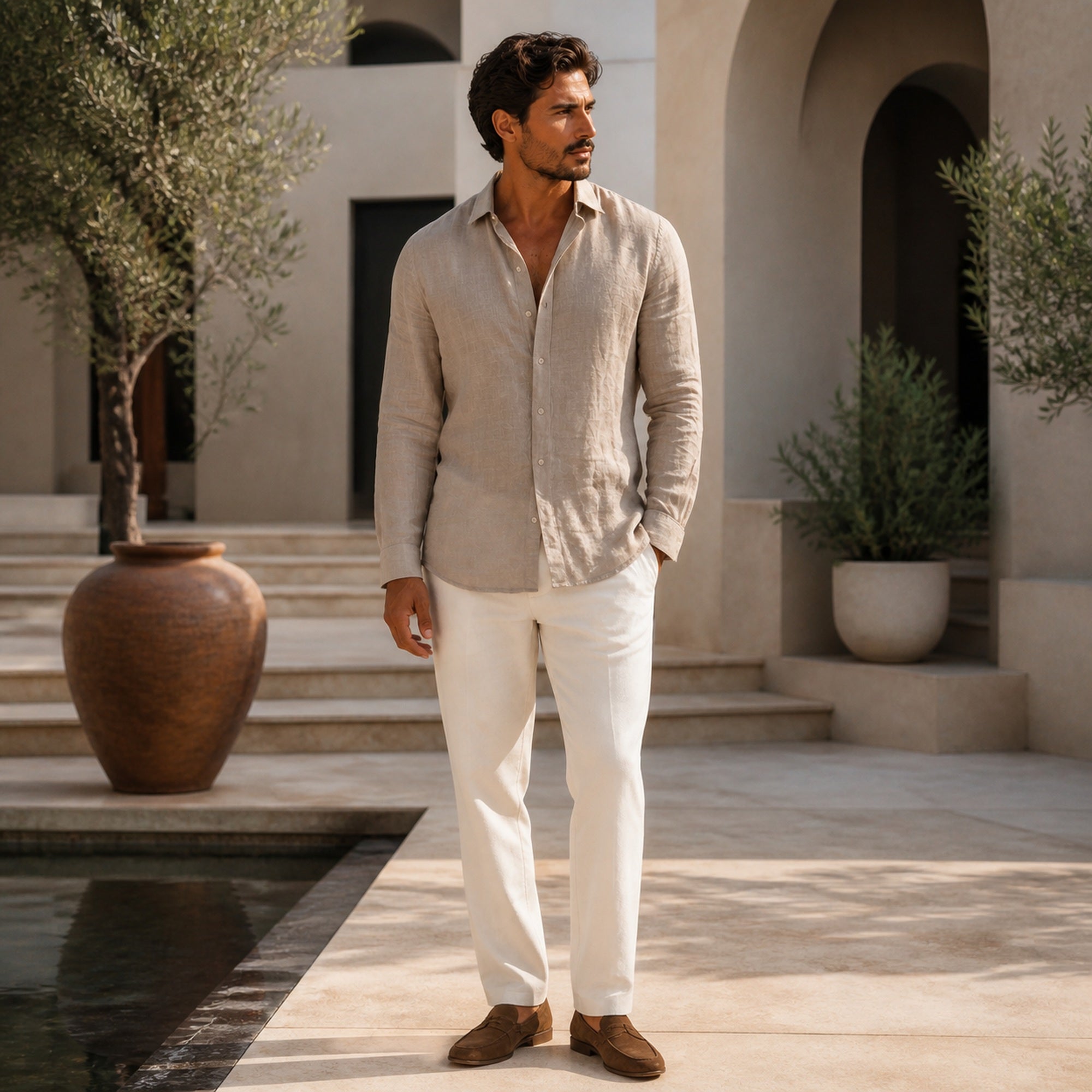 Galdane brown linen shirt styled in a Mediterranean courtyard